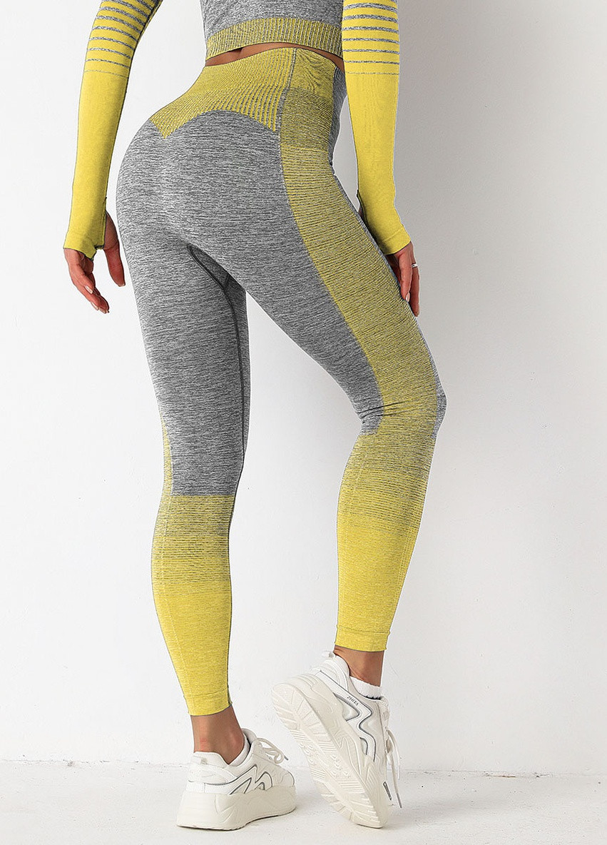Комбинированные демисезонные леггинсы женские спортивные 9652 l серые с жёлтым Fashion