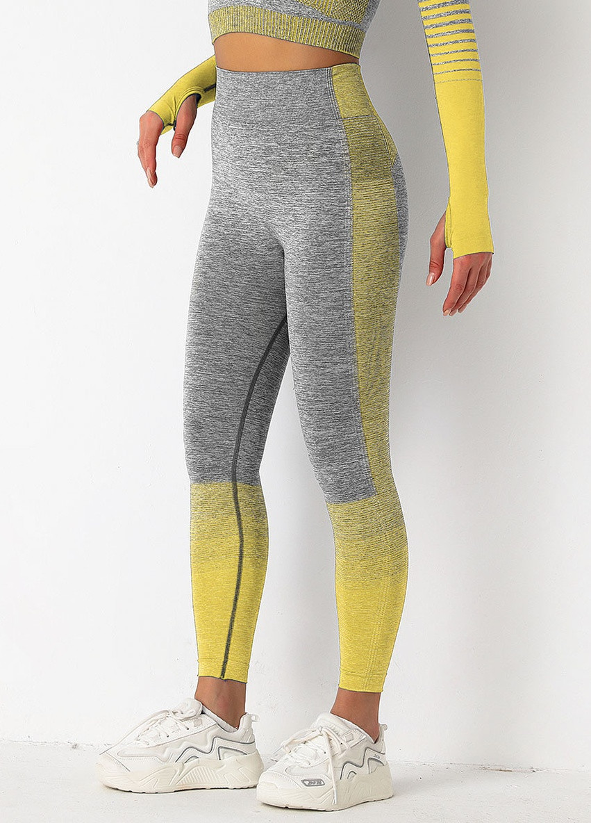 Комбинированные демисезонные леггинсы женские спортивные 9652 l серые с жёлтым Fashion