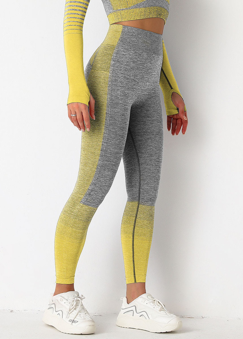 Комбинированные демисезонные леггинсы женские спортивные 9650 s серые с жёлтым Fashion