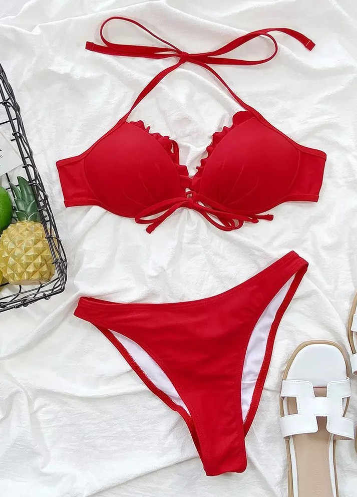 Комбинированный летний купальник женский раздельный 7688 l красный Fashion