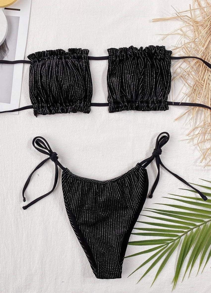 Комбинированный летний купальник женский раздельный 7709 m черный с серебристым Fashion