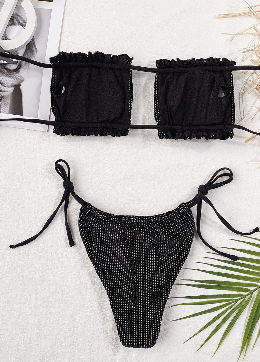 Комбинированный летний купальник женский раздельный 7709 m черный с серебристым Fashion