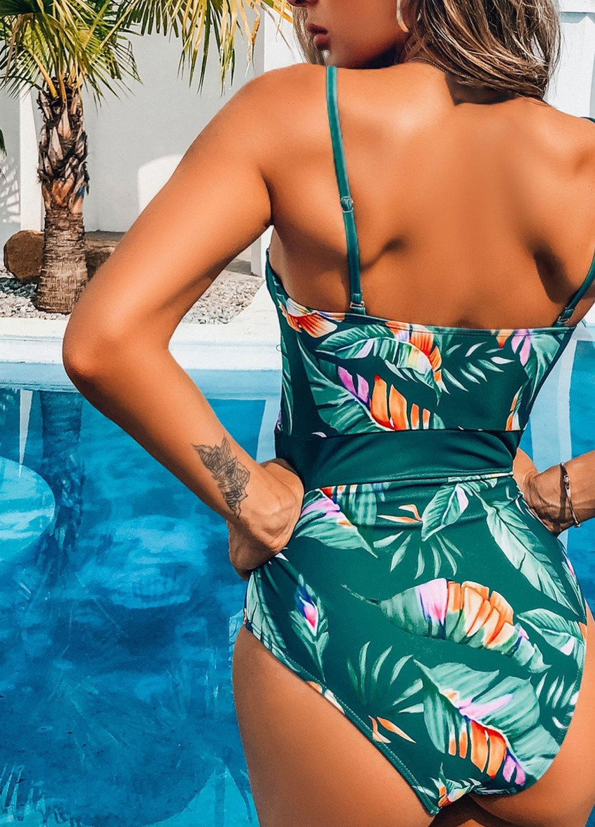 Комбинированный летний купальник женский цельный 7466 l зеленый Fashion