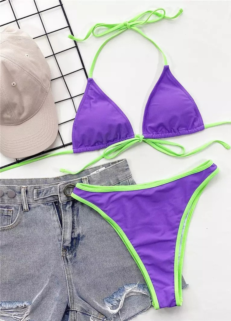 Комбинированный летний купальник женский раздельный 7689 s фиолетовый с салатовым Fashion