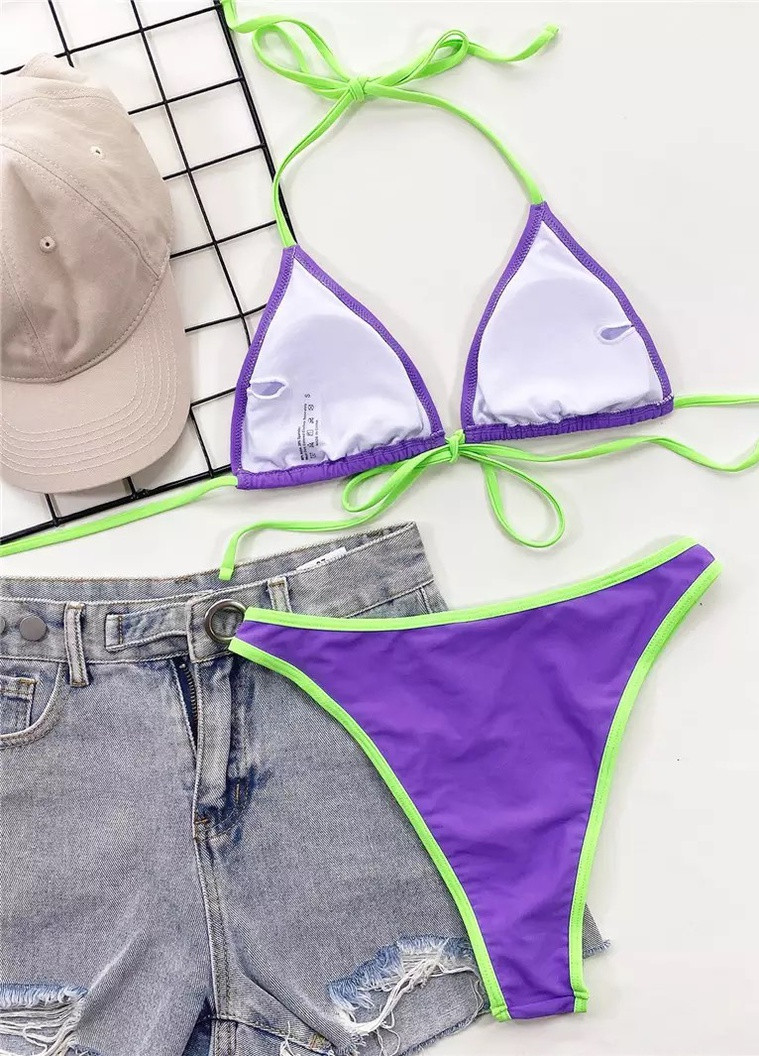 Комбинированный летний купальник женский раздельный 7689 s фиолетовый с салатовым Fashion