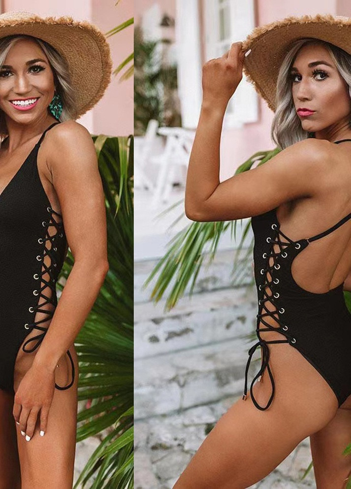 Комбинированный летний купальник женский цельный 7426 m черный Fashion