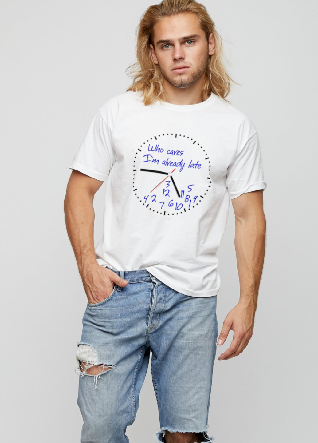 Біла футболка чоловіча біла "who cares. i`m already late" YAPPI