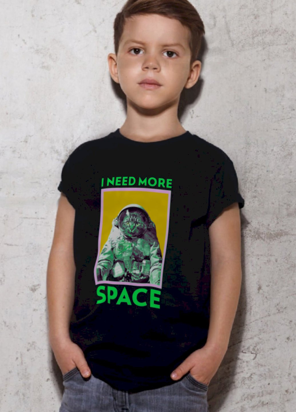 Черная демисезонная футболка детская черная "кіт космонавт" YAPPI