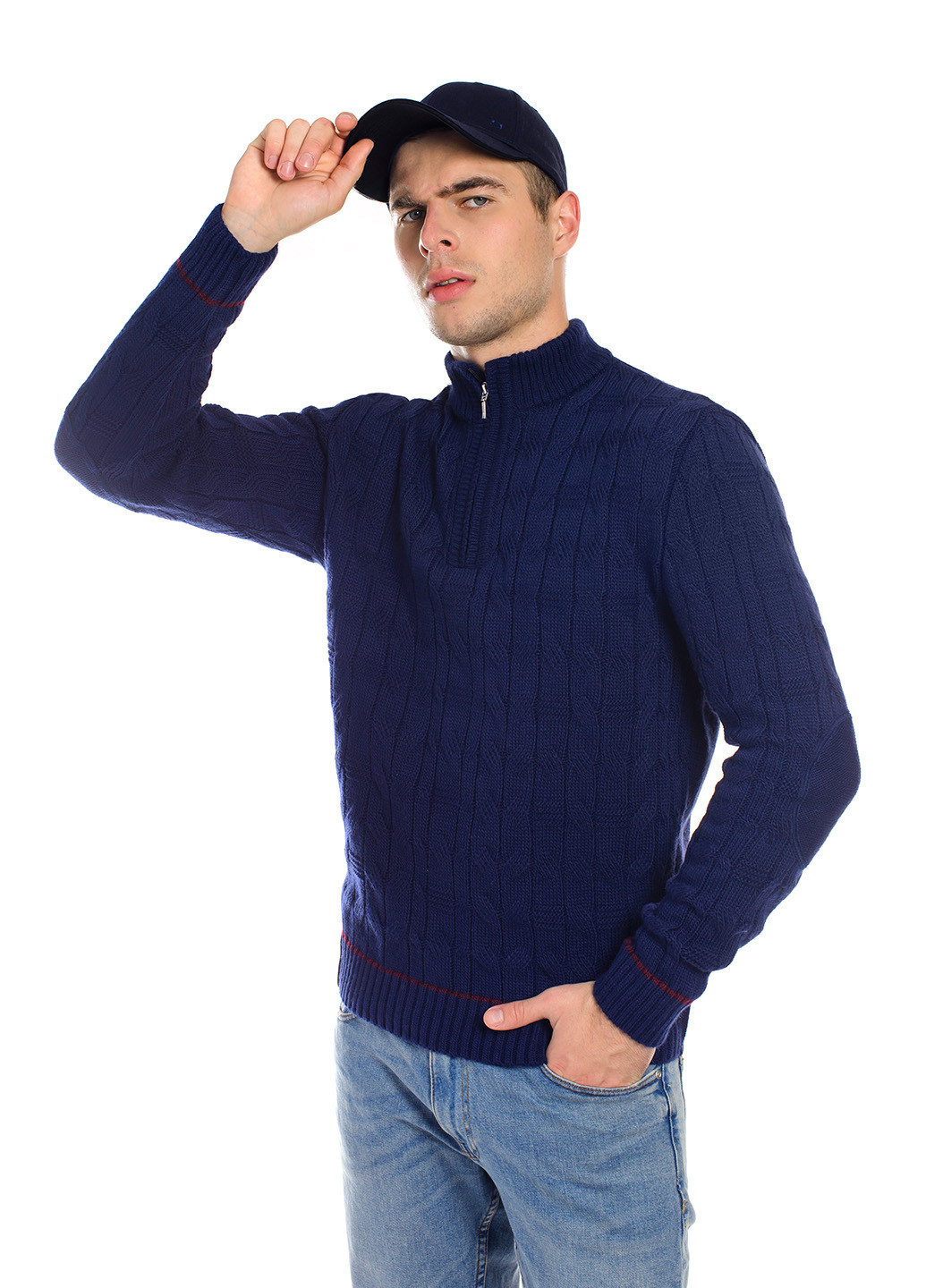 Темно-синий мужской свитер с узором и воротником на змейке SVTR