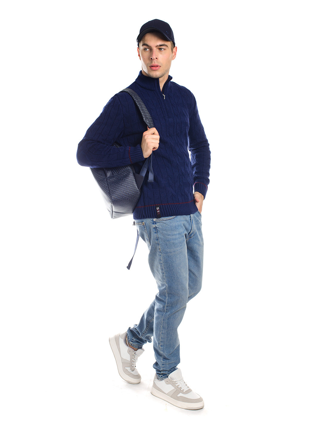 Темно-синій чоловічий светр з узором і коміром на на блискавці SVTR