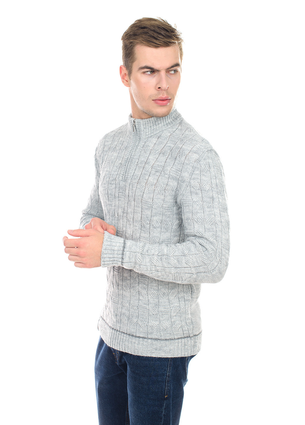 Светло-серый мужской свитер с узором и воротником на змейке SVTR