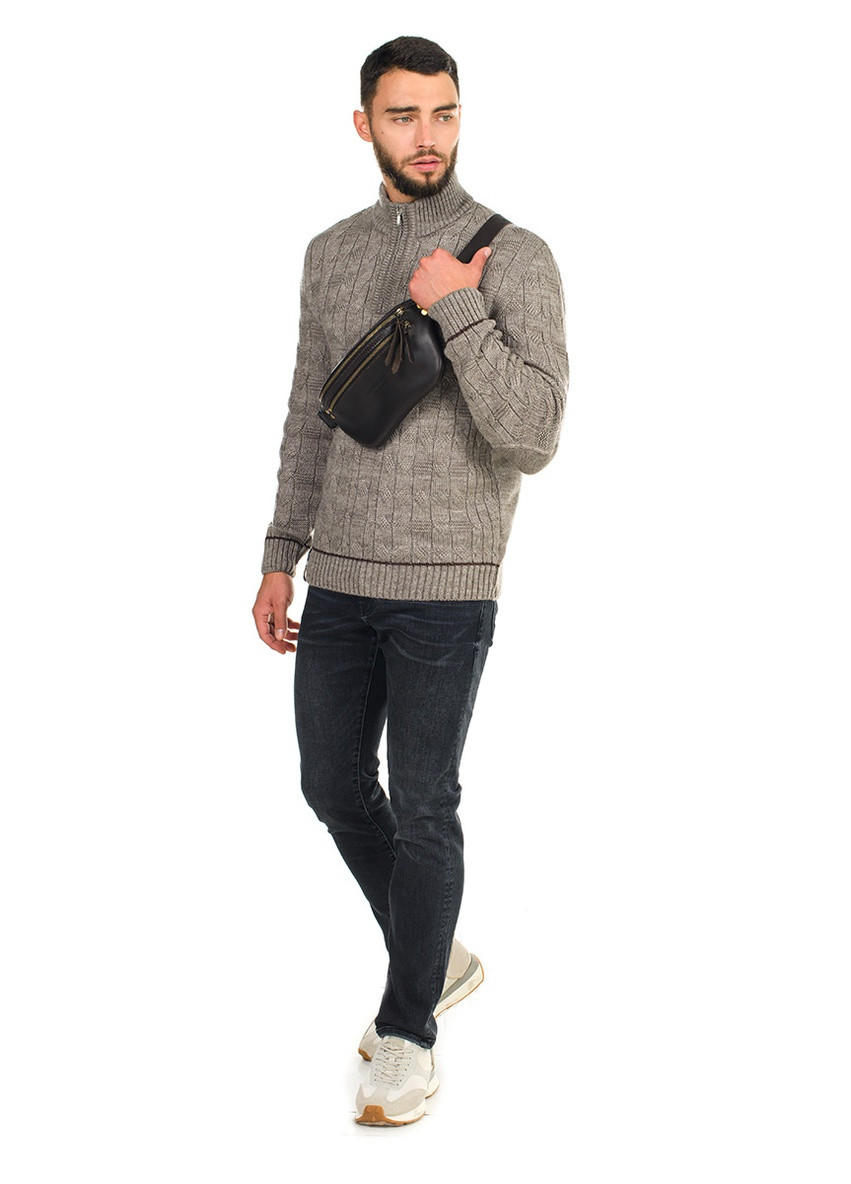 Кофейный мужской свитер с узором и воротником на змейке SVTR
