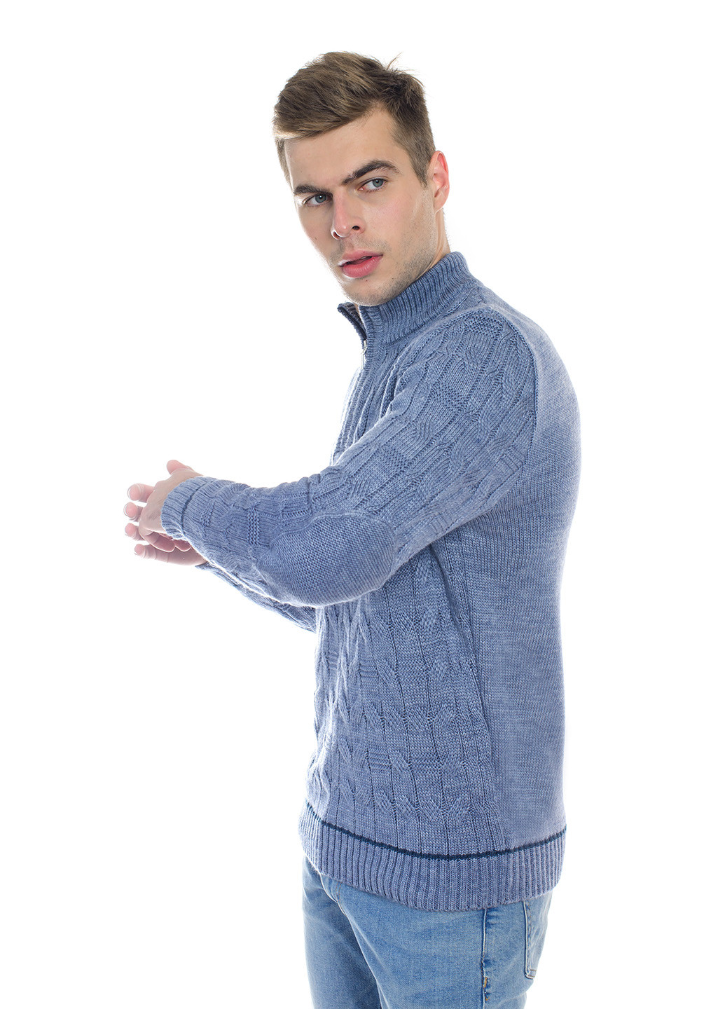 Голубой мужской свитер с узором и воротником на змейке SVTR