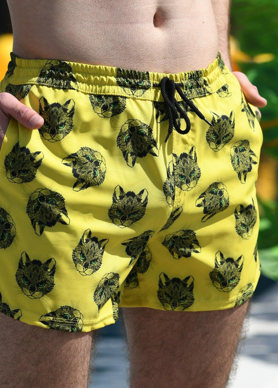Плавки мужские с сеткой-подкладкой пляжные шорты для плавания желтые Коты-котики S M L XL 2XL 3XL(46 48 50 52 54 56) No Brand (259142139)