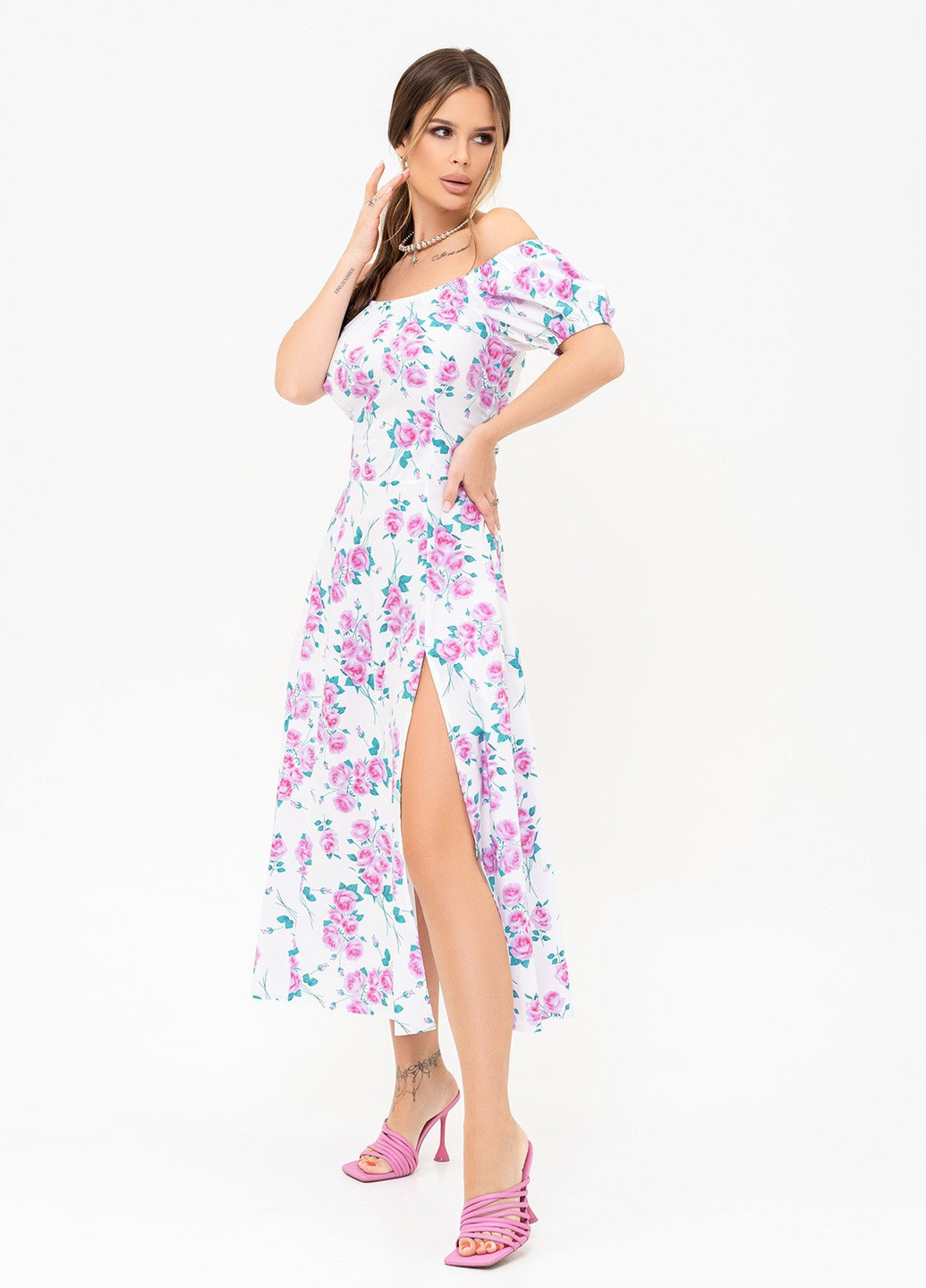 Белое повседневный платье женское клеш ISSA PLUS с цветочным принтом