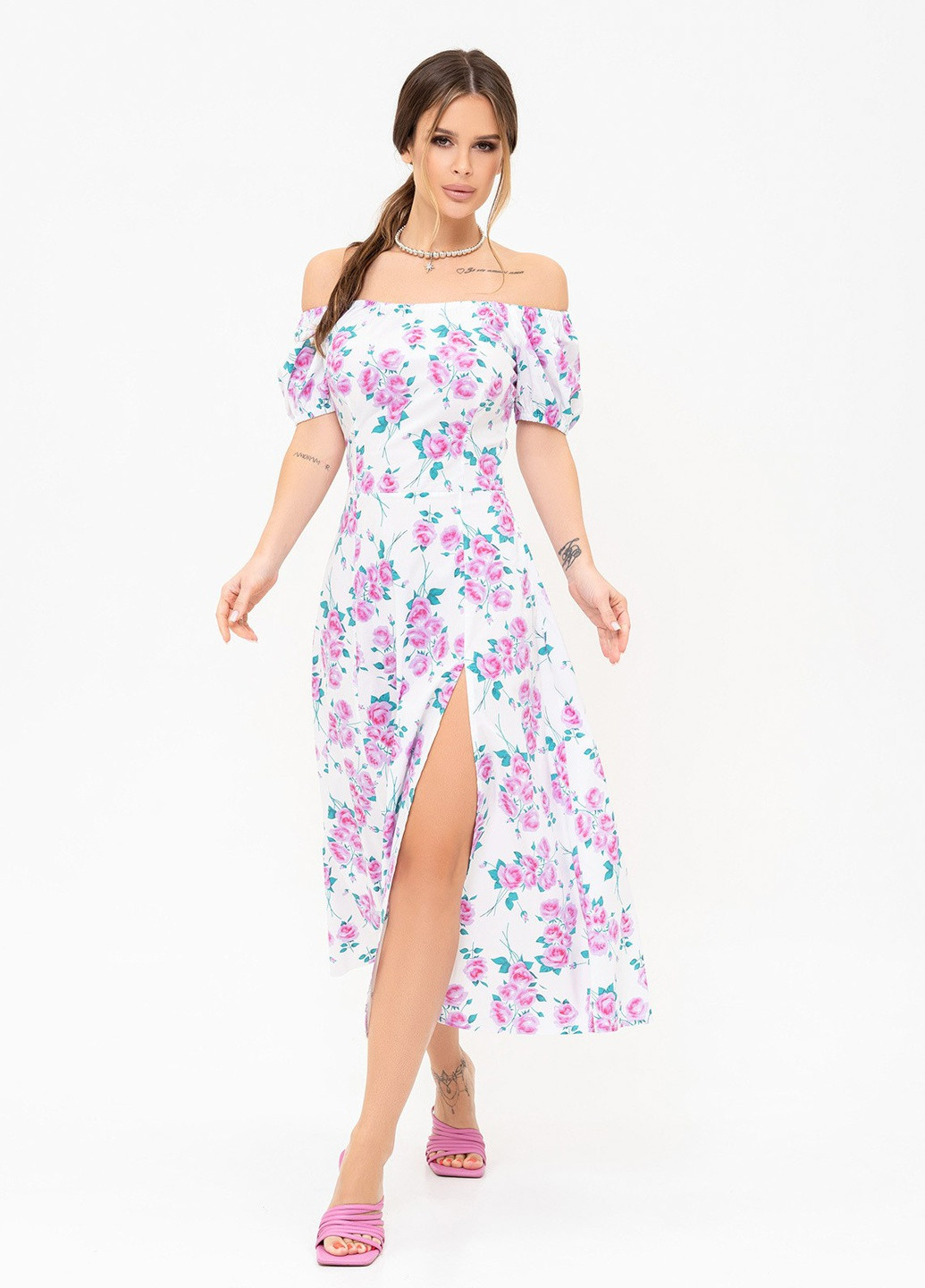 Белое повседневный платье женское клеш ISSA PLUS с цветочным принтом