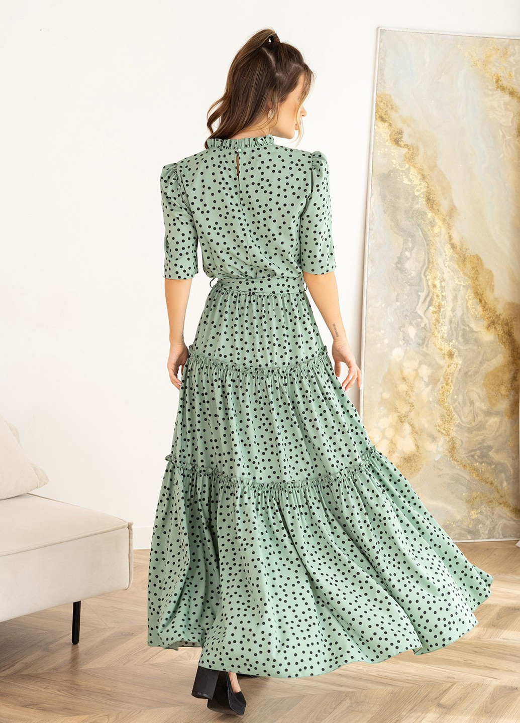 Оливкова (хакі) повсякденний сукня жіноча кльош ISSA PLUS в горошок