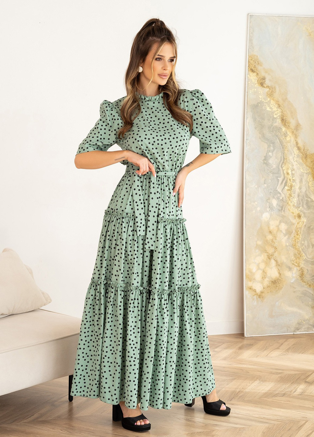 Оливковое (хаки) повседневный платье женское клеш ISSA PLUS в горошек