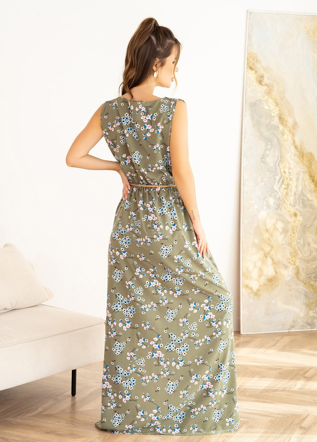 Оливковое (хаки) повседневный платье женское клеш ISSA PLUS с цветочным принтом