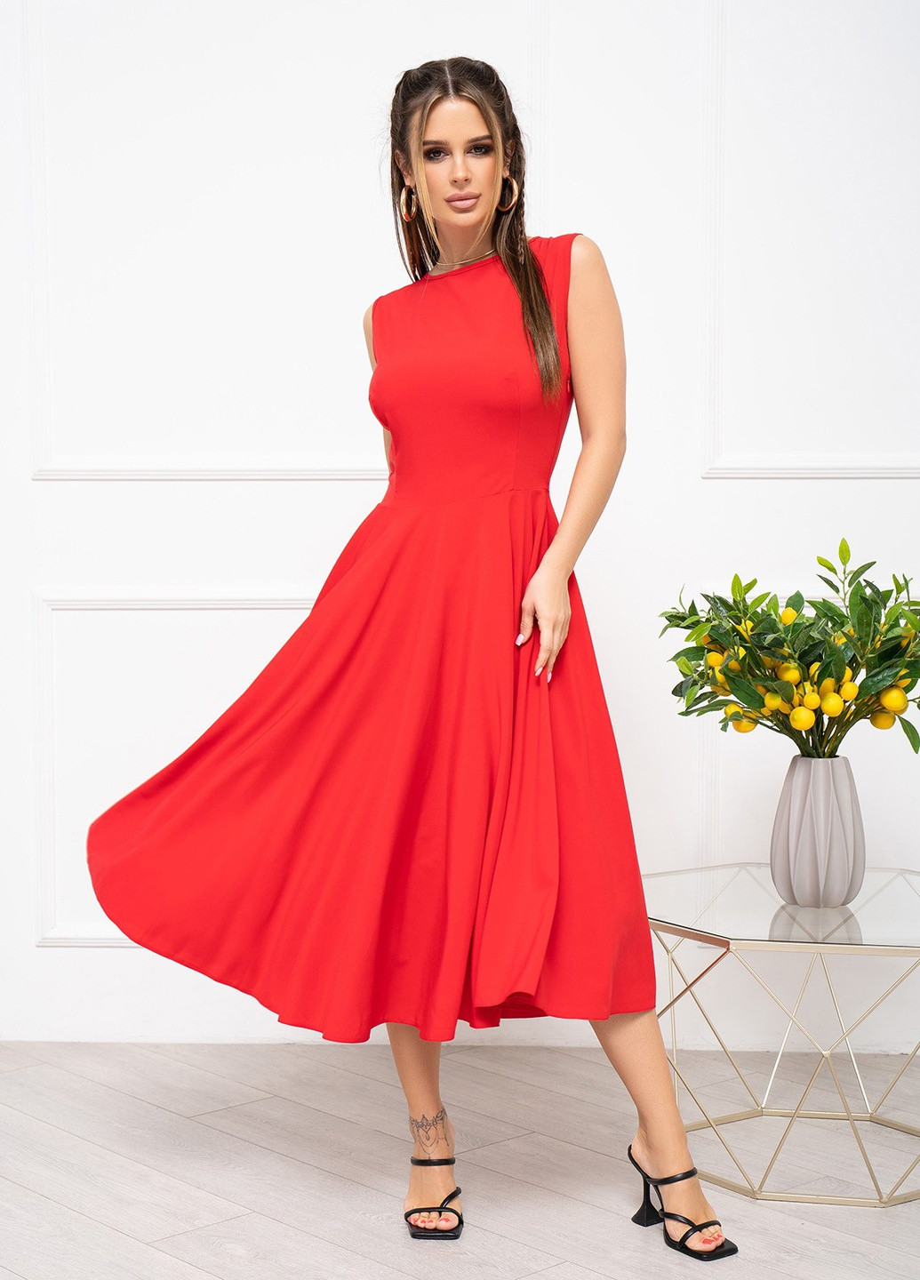 Красное повседневный платье женское клеш ISSA PLUS однотонное