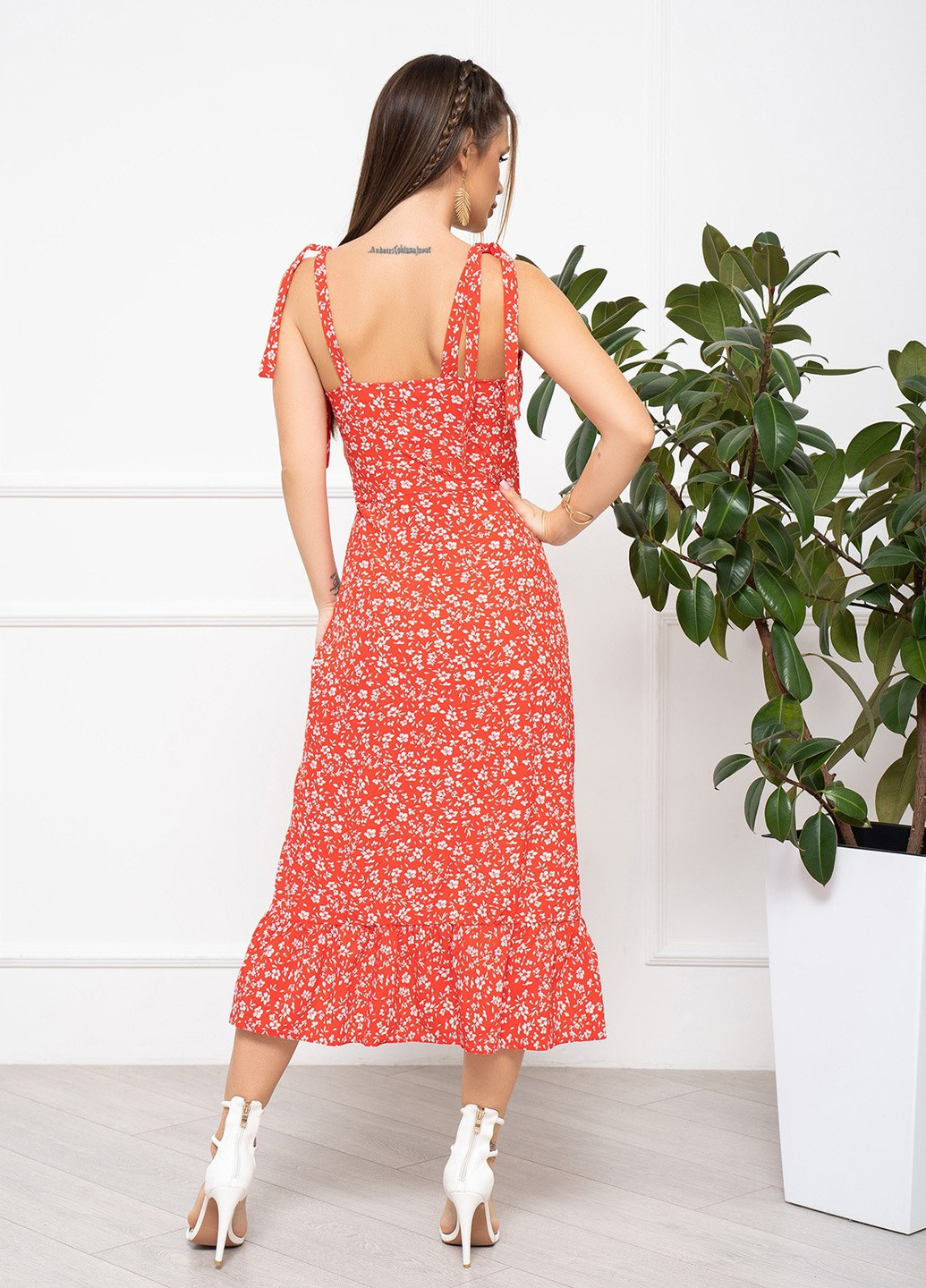 Красное повседневный платье женское с открытыми плечами ISSA PLUS с цветочным принтом
