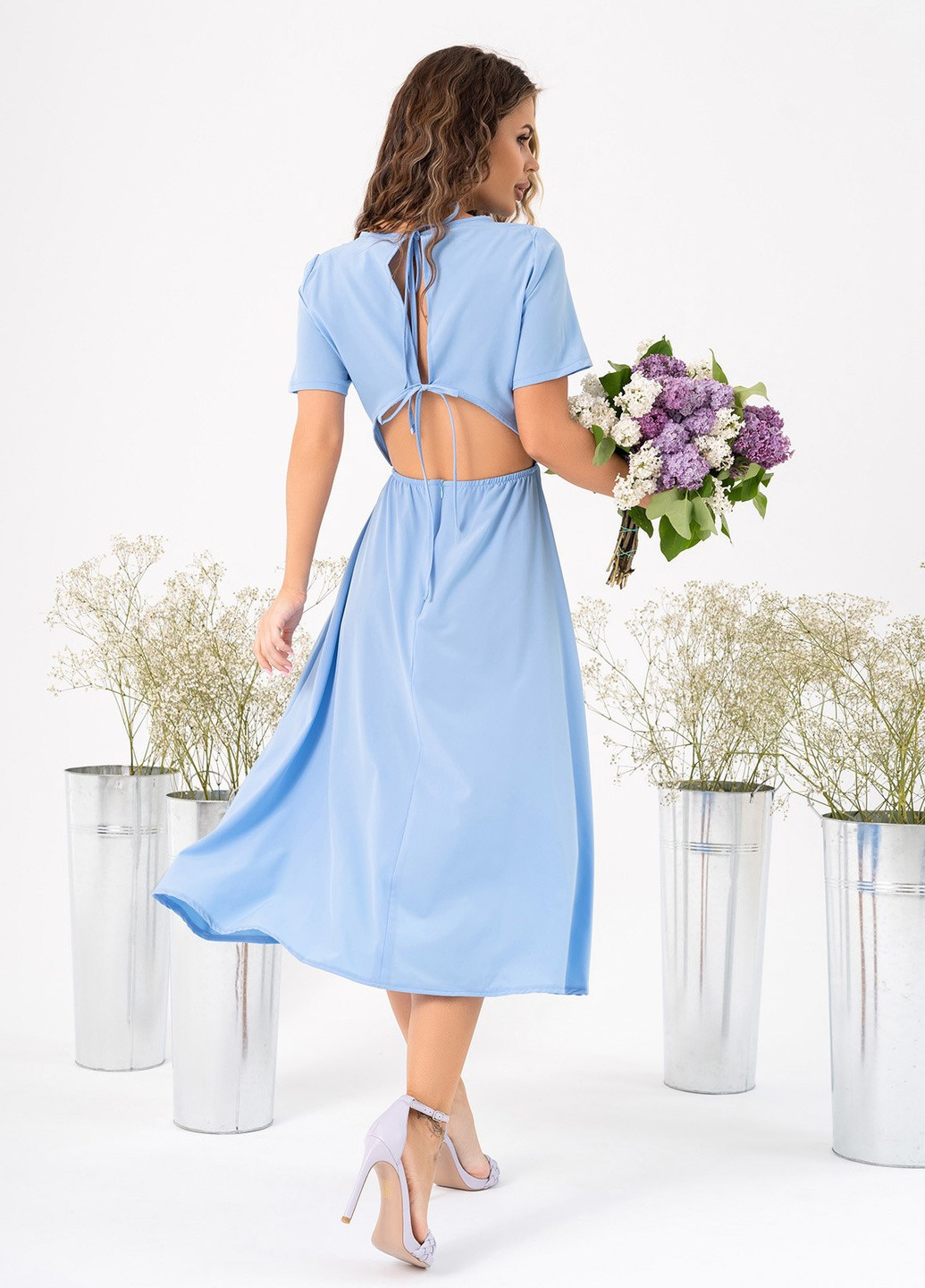 Голубое повседневный платье женское с открытой спиной ISSA PLUS однотонное