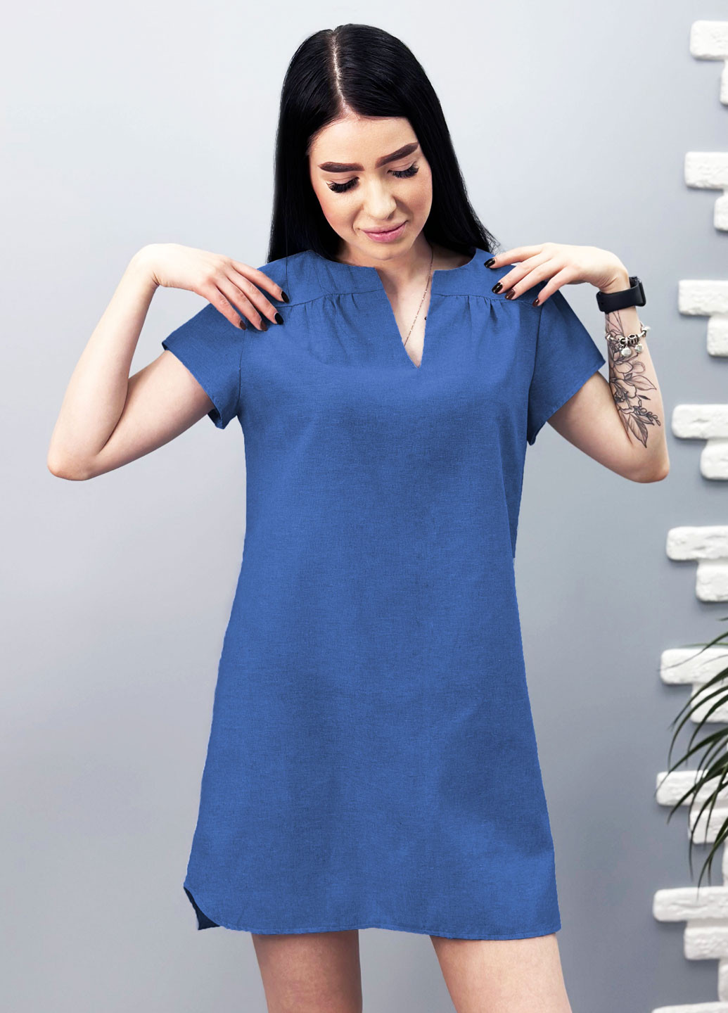 Синее кэжуал короткое летнее льняное платье Fashion Girl однотонное
