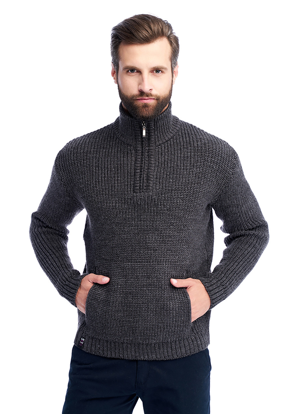 Темно-сірий чоловічий светр з блискавкою на комірі SVTR