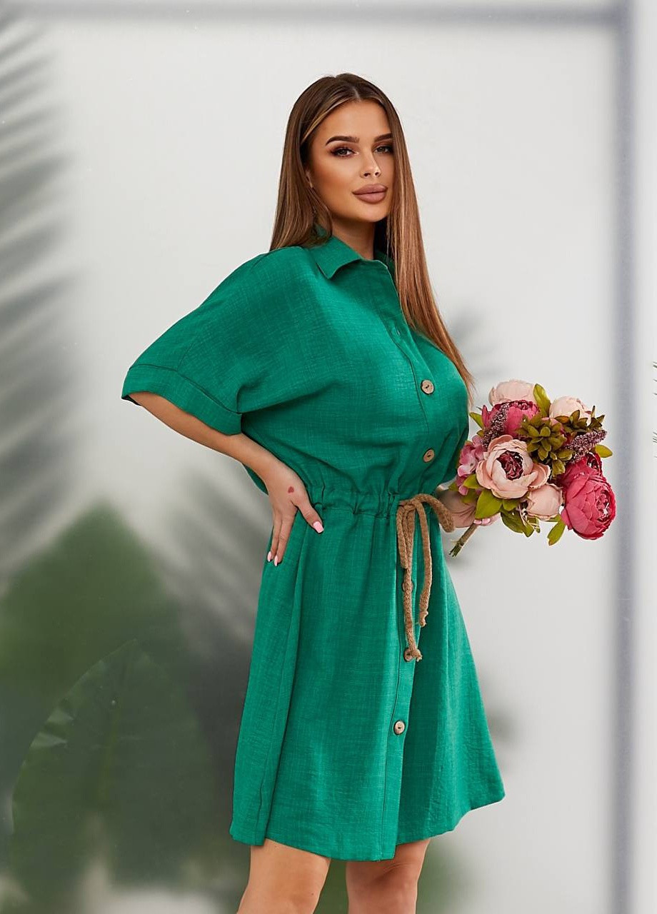 Зеленое кэжуал платье из льна на пуговицах KVAN однотонное