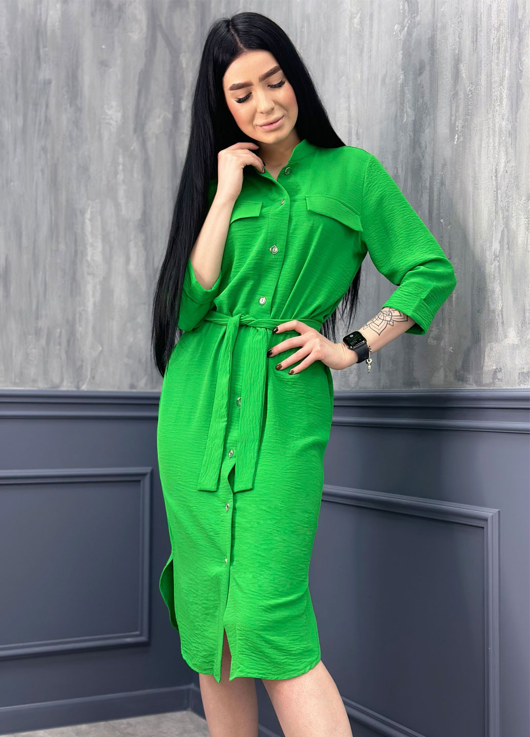Зеленое кэжуал длинное платье-рубашка с поясом Fashion Girl однотонное