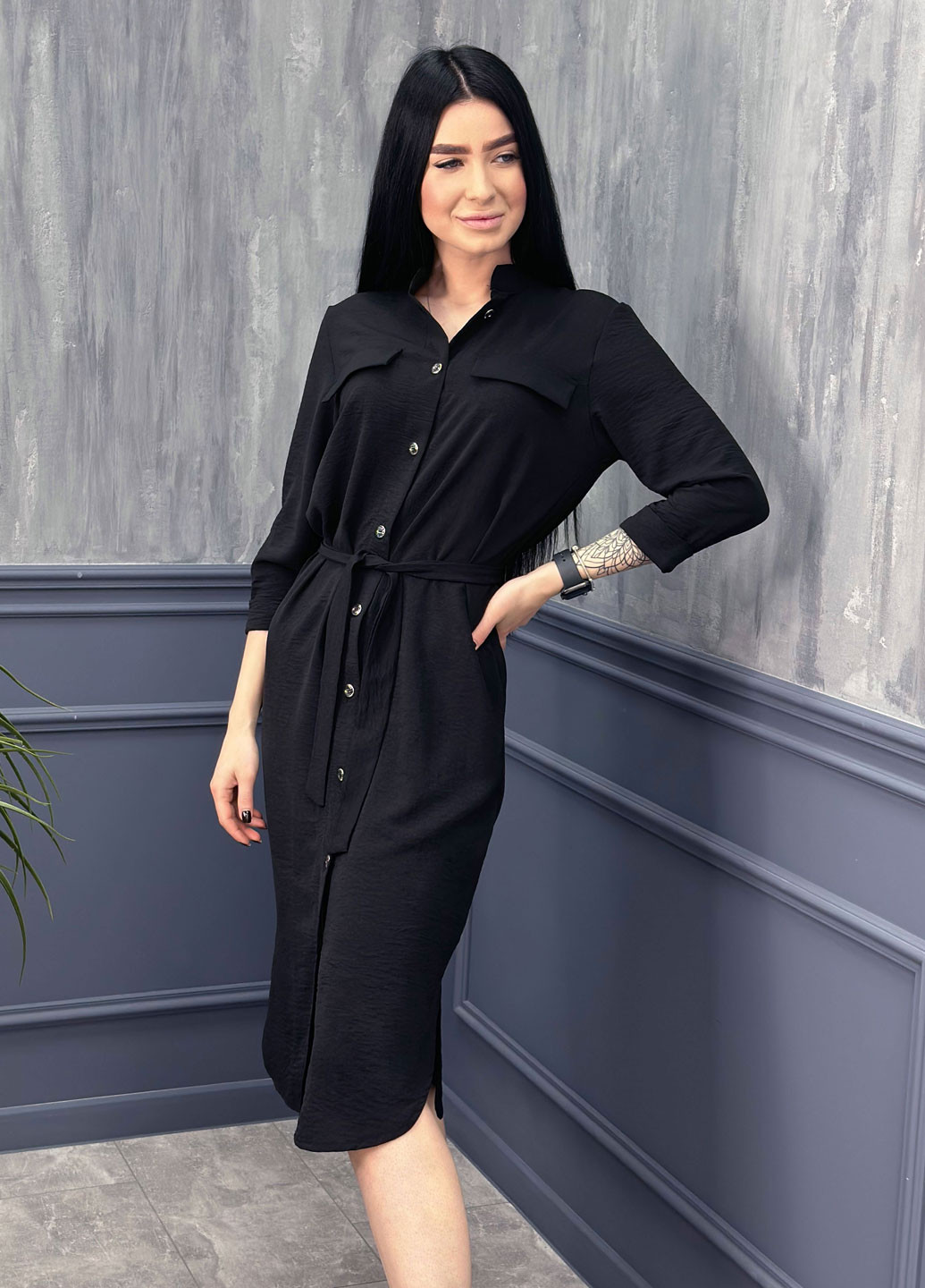 Черное кэжуал длинное платье-рубашка с поясом Fashion Girl однотонное