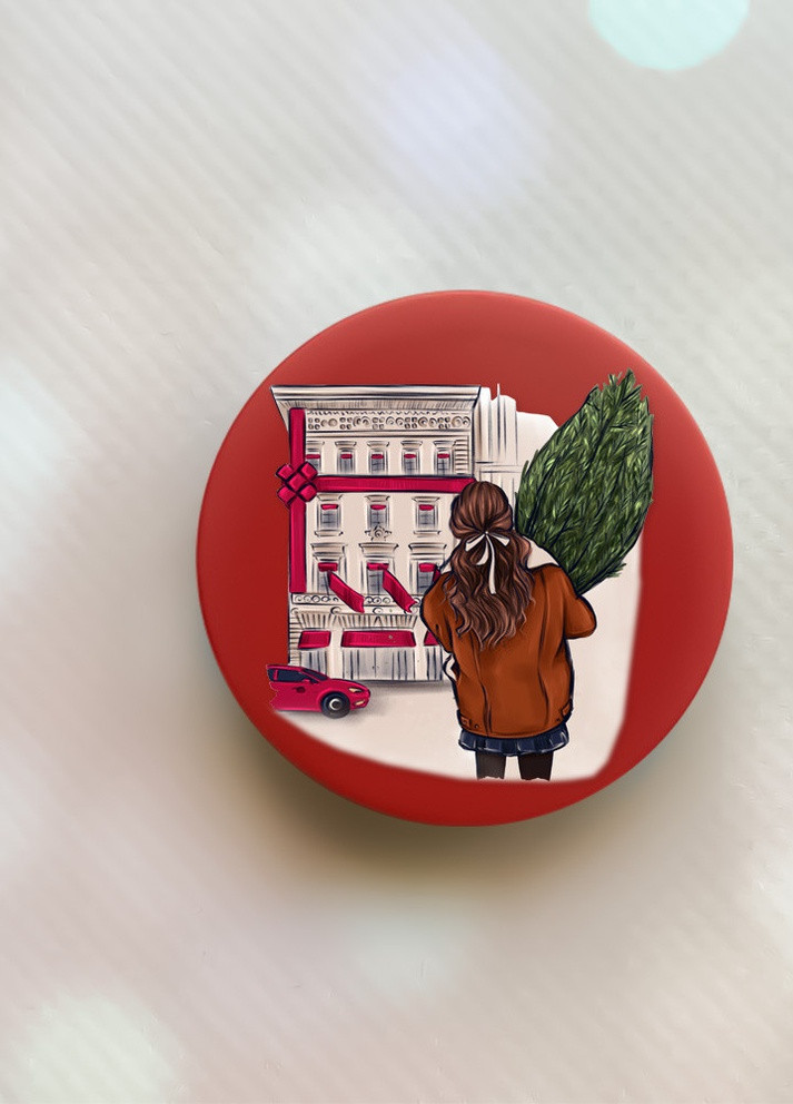 Держатель для смартфона / планшета попсокет Popsocket Красный :: Девушка с елкой (принт 26) Creative (259183515)