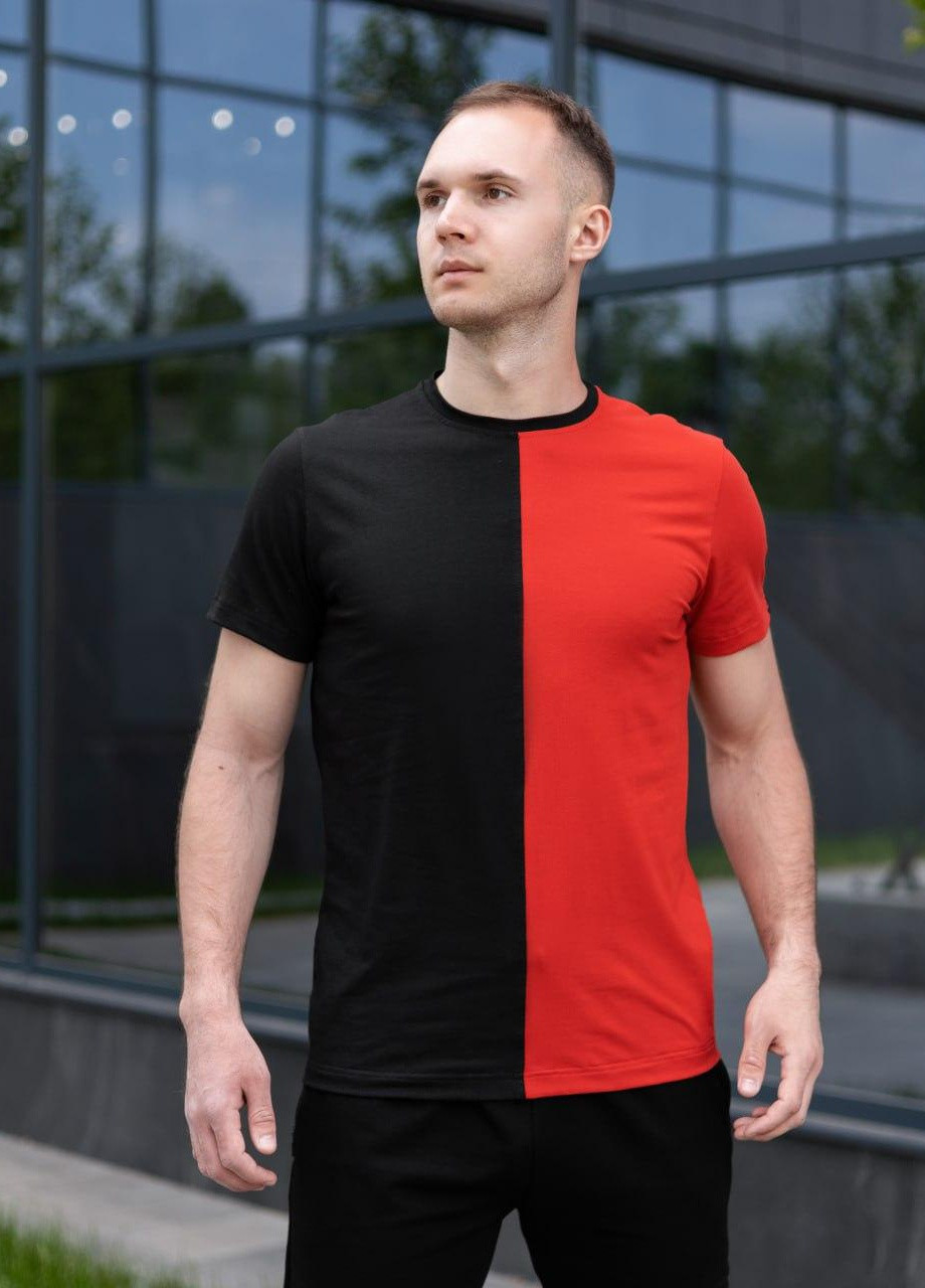 Красная мужская базовая двухцветная футболка s m l xl 2xl 3xl(46 48 50 52 54 56) трикотажная красно-черная No Brand