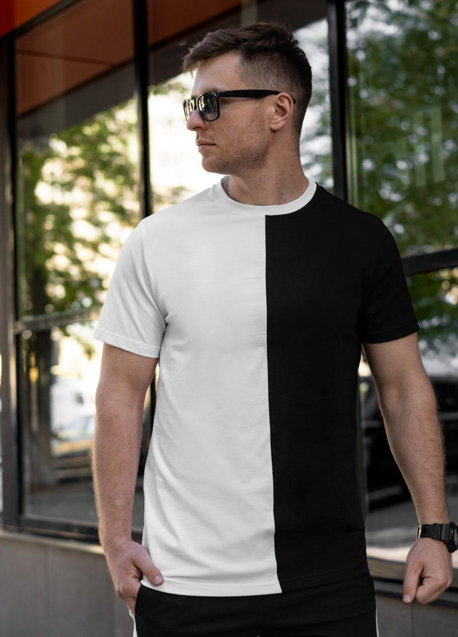 Черная мужская базовая двухцветная футболка s m l xl 2xl 3xl(46 48 50 52 54 56) трикотажная черно-белая No Brand