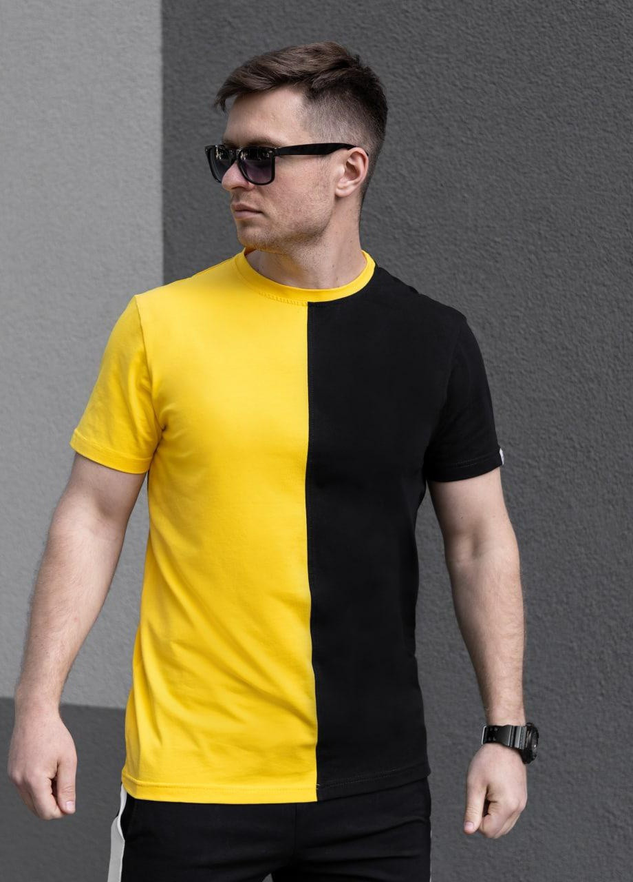 Желтая мужская базовая двухцветная футболка s m l xl 2xl 3xl(46 48 50 52 54 56) трикотажная желто-черная No Brand