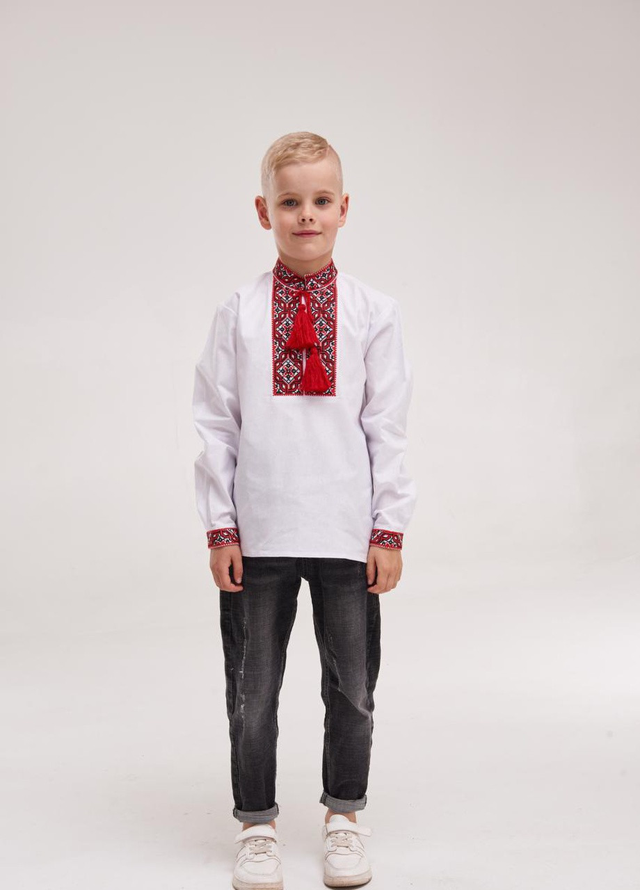 Вишиванка для хлопчика "Федір" червоний орнамент MEREZHKA украинская символика белая кэжуал хлопок