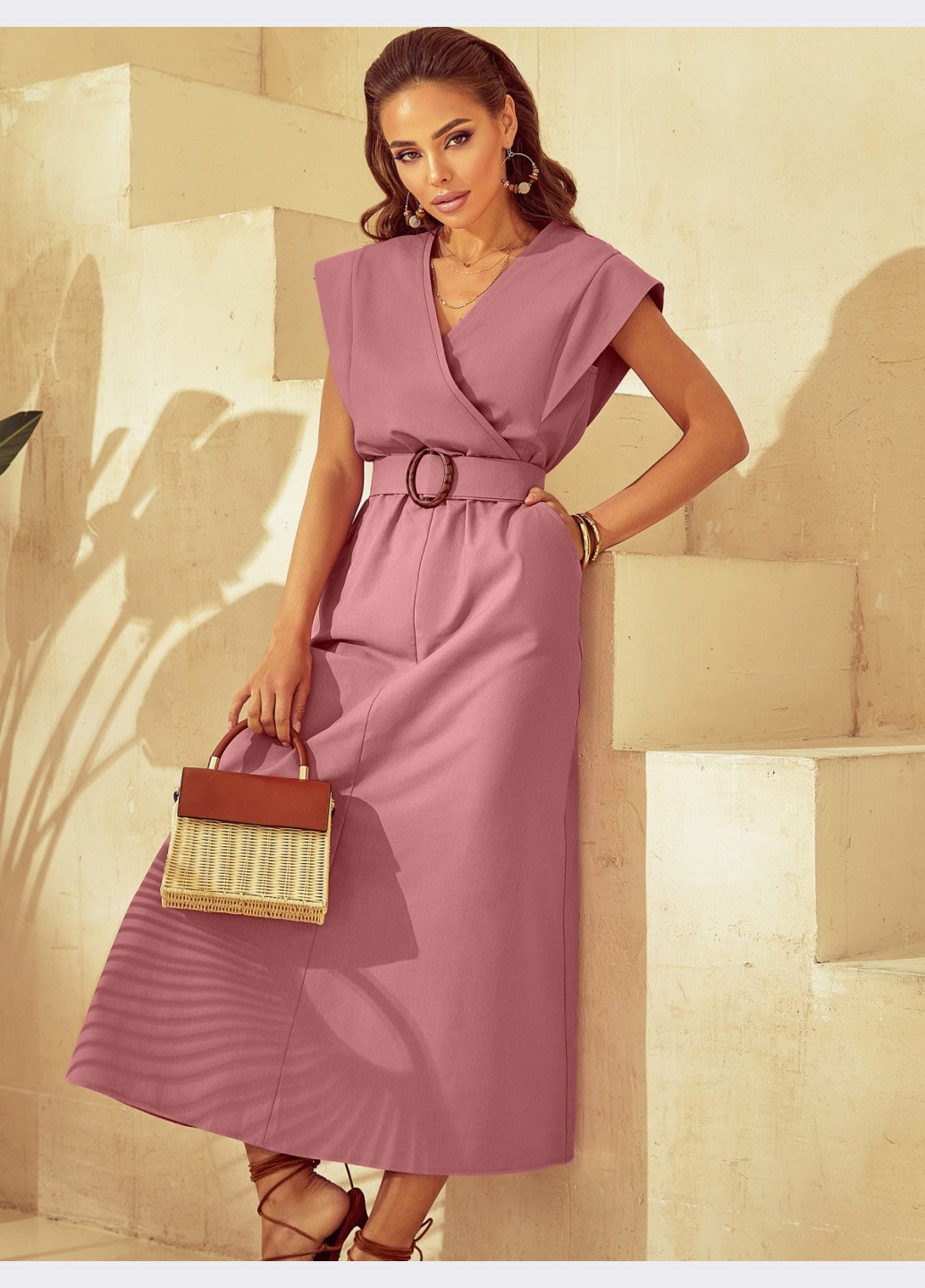 Розовое розовое платье из льна с расклешенной юбкой Dressa