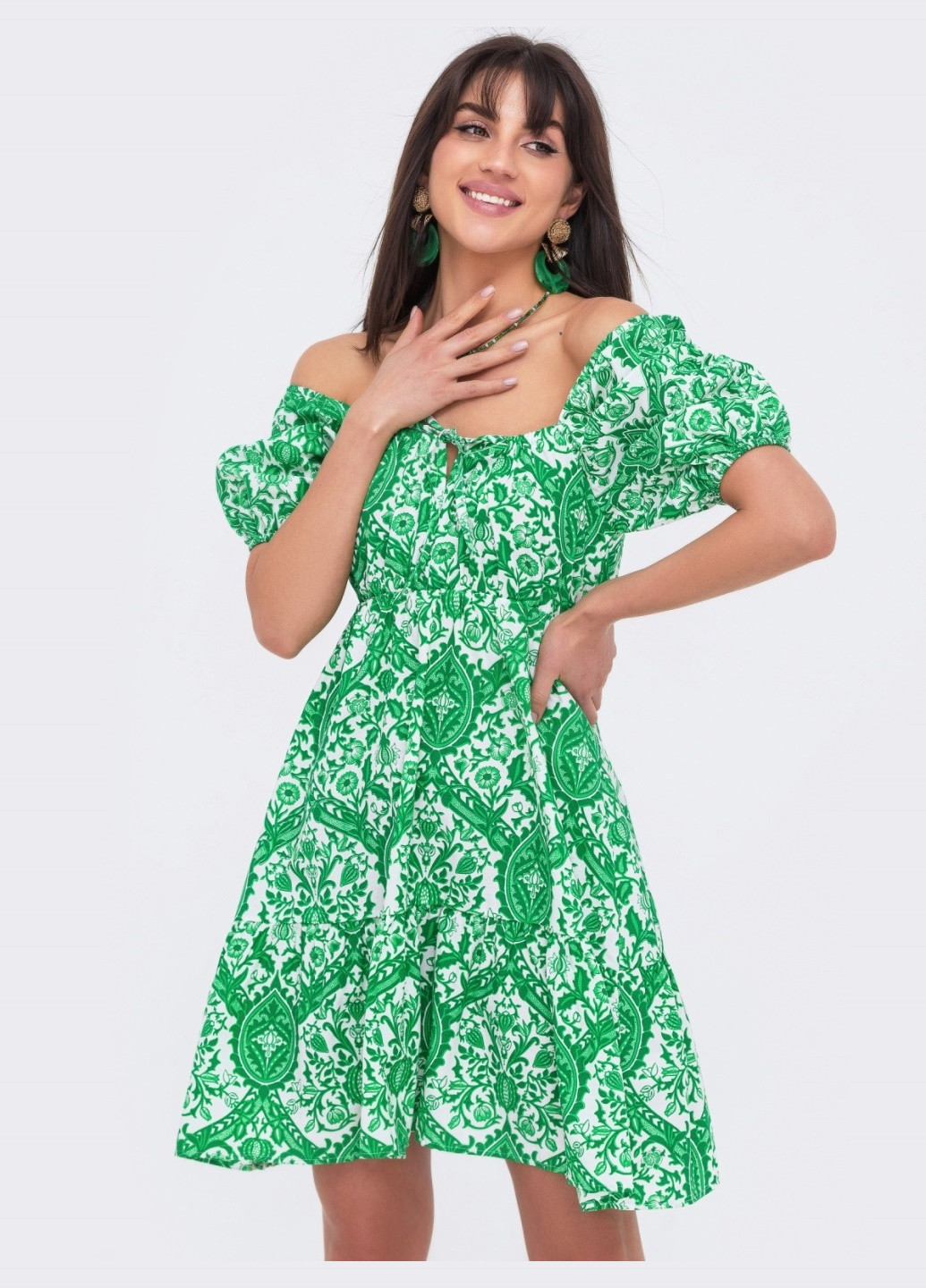 Зеленое зеленое платье с принтом в стиле кежуал Dressa