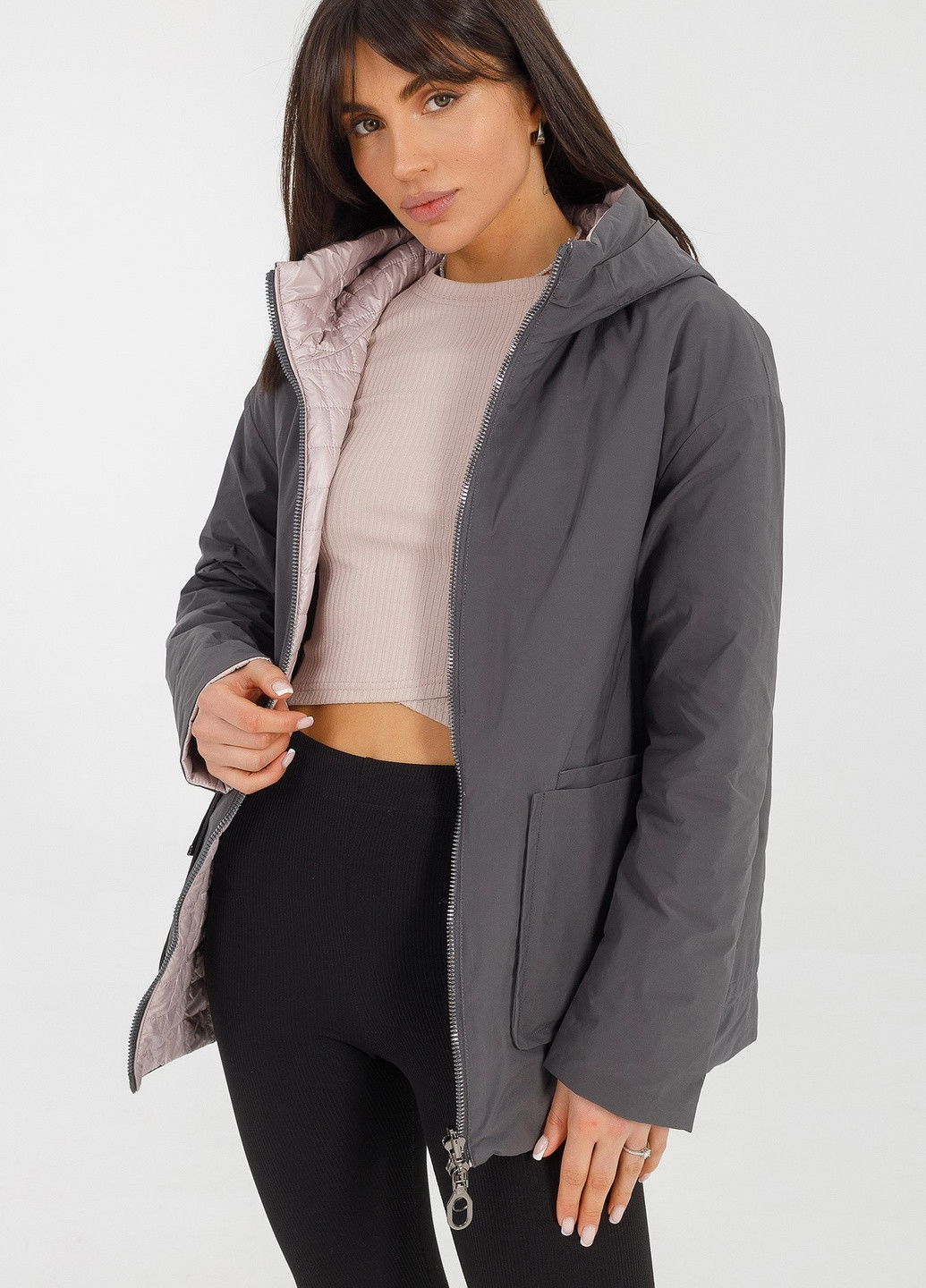 Графітова демісезонна куртка-парка двухсторонняя батал 46-60р графітовий/пудровий Mishele