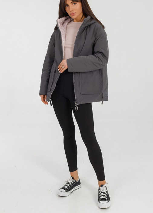 Графітова демісезонна куртка-парка двухсторонняя батал 46-60р графітовий/пудровий Mishele