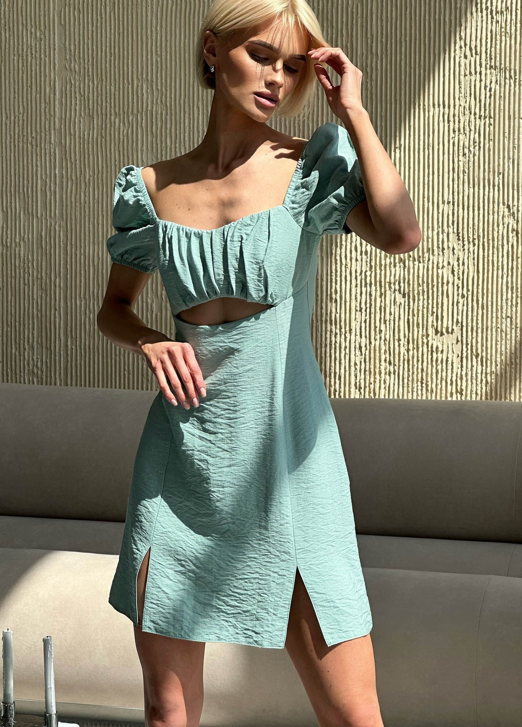 Оливковое повседневный короткое мини платье из льна Jadone Fashion однотонное
