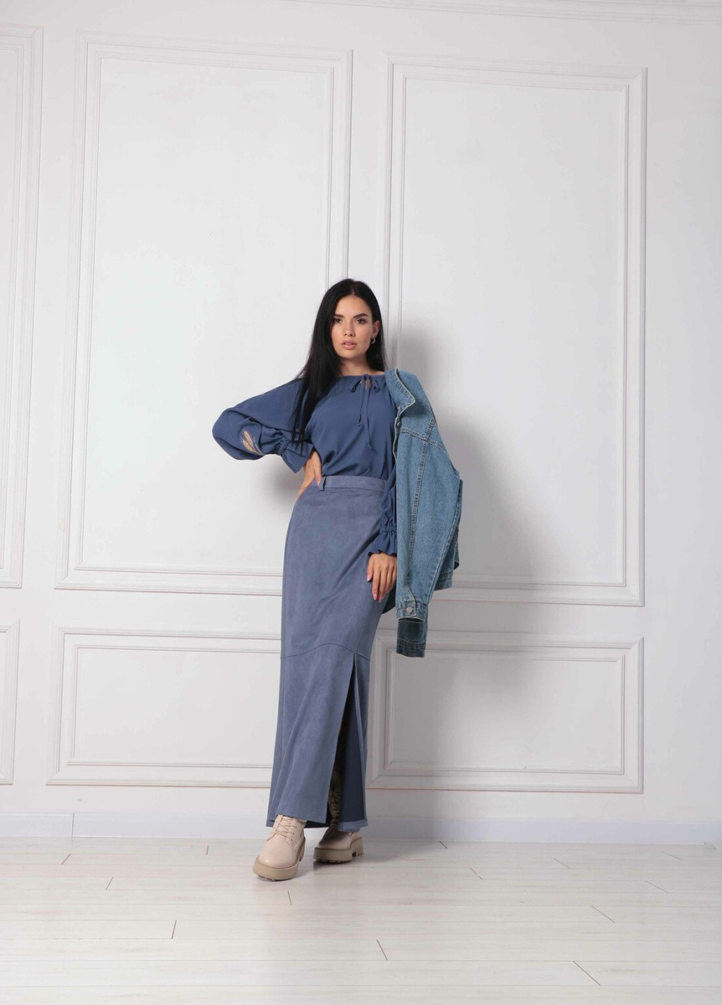 Темно-голубая кэжуал однотонная юбка Ри Мари