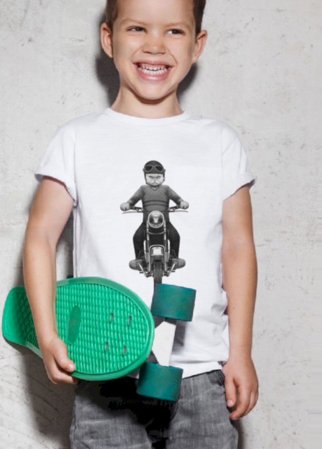 Біла демісезонна футболка дитяча біла "кіт на мотоциклі" Young&Free