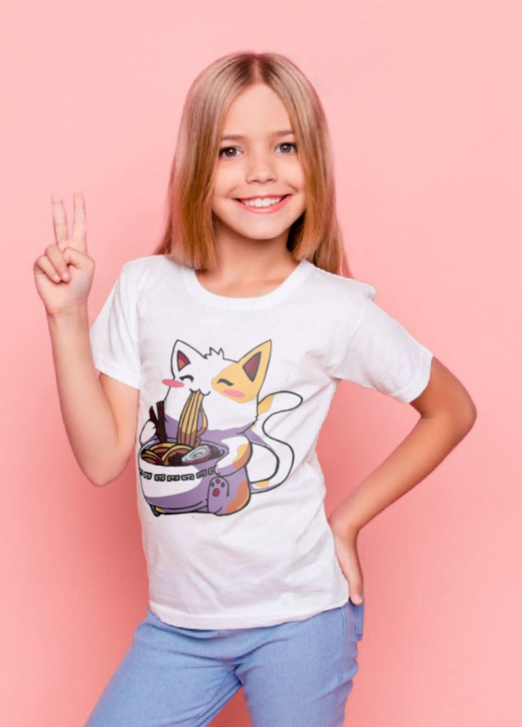 Белая демисезонная футболка детская белая "аніме кіт" Young&Free