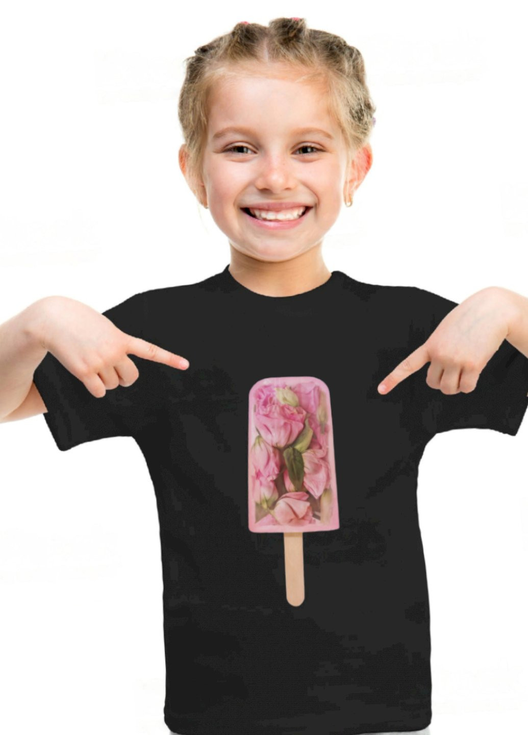 Черная демисезонная футболка детская черная "квіткове морозиво" Young&Free