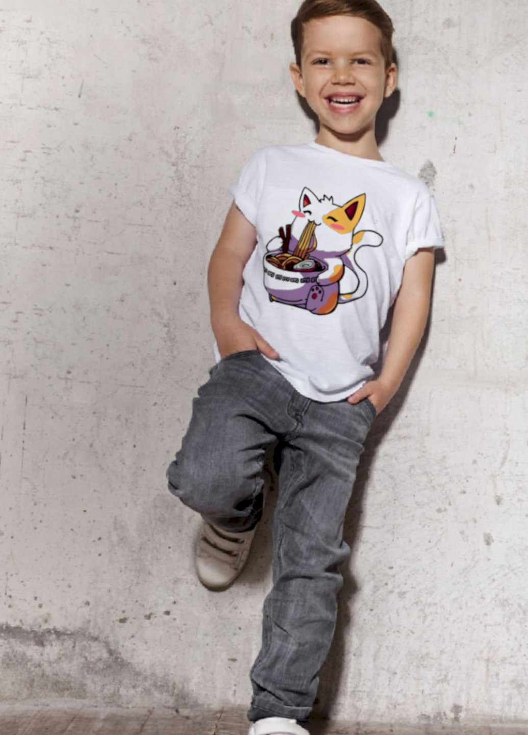 Біла демісезонна футболка дитяча біла "аніме кіт" Young&Free