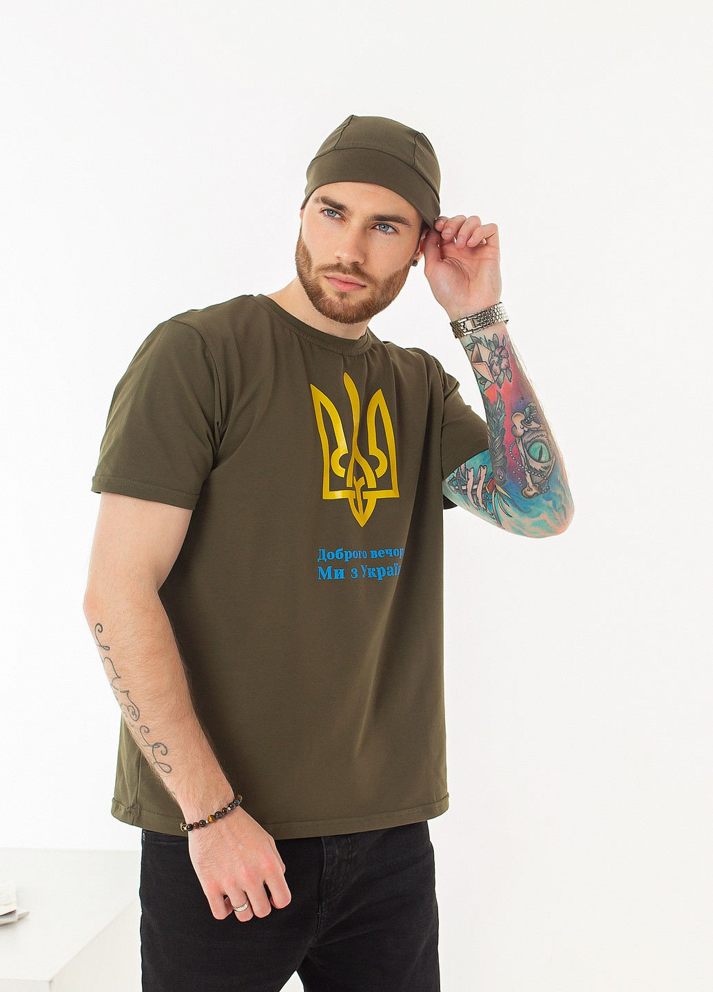 Хакі (оливкова) футболка з бавовнянного трикотажу та патріотичною символікою Tailer