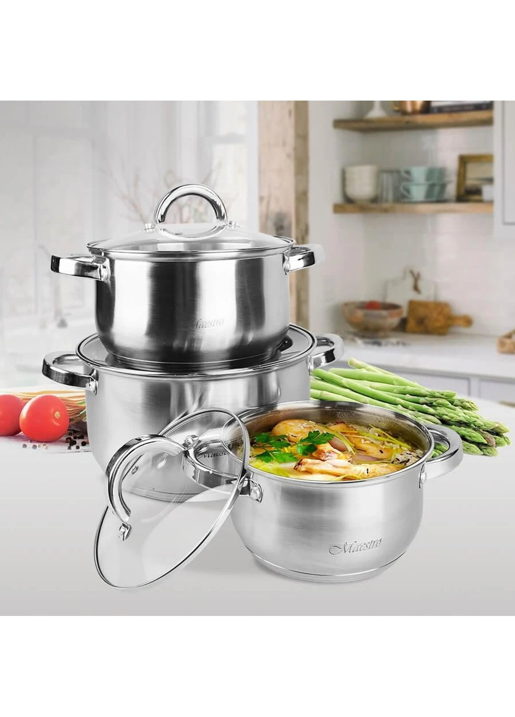 Набор кастрюль MR-2120-6L 6 предметов серебряные нержавеющая сталь Maestro (259447823)