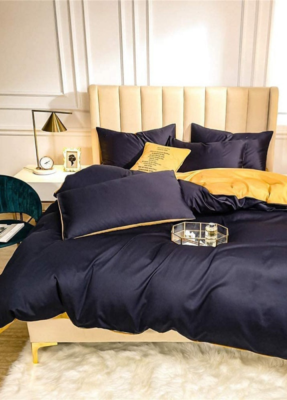 Постільна білизна ДУЕТ ROYAL NAVY/GOLDEN Сатин однотон Полуторний на резинці 550566-5 MERISET (259502056)
