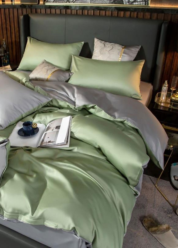 Постельное белье ДУЕТ GREEN FOG/PLATINUM Premium Сатин однотон Двуспальный на резинке 550502-6 MERISET (259501831)